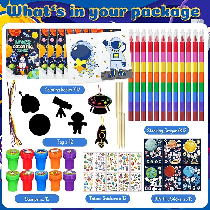 72 Pcs Outer Space Coloring Book with Crayons Party Favors,Space Astronaut Party Goodie Bags Fillers,Galaxy Planet Birthday Party Games Craft DIY Kit Magic Scratch Art Paper Tattoo for Rocket Pinatas
