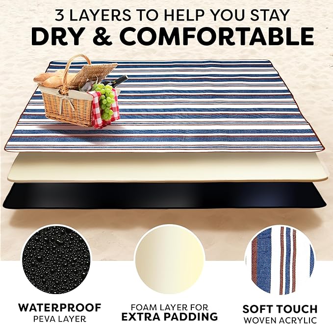 scuddles Extra Large Picnic & Outdoor Blanket with Pocket for iPhone Keys and More Dual Layers for Outdoor Water-Resistant Handy Mat Tote Spring Summer Camping Blanket Great for The Beach