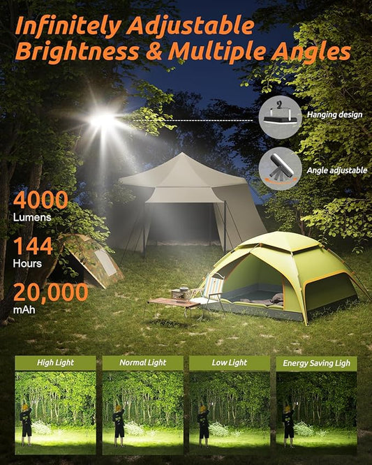 Eventek LED Camping Lantern Rechargeable 4000LM, 20000mAh Portable Camping Lights up to 144 Hours & 4 Light Modes, IPX5 Waterproof Camping Essentials for Power Outages, Emergency, Tent, Outdoor