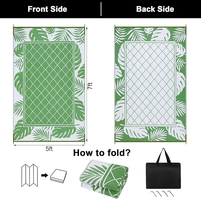 Ileading Outdoor Rug Carpet for Patio 5' x7' Waterproof Reversible Plastic Straw Rug Portable Outside Area Rug Camping Mat for Patio, Clearance, Balcony, Picnic, Pool, Beach, RV, Deck, Leaf Green