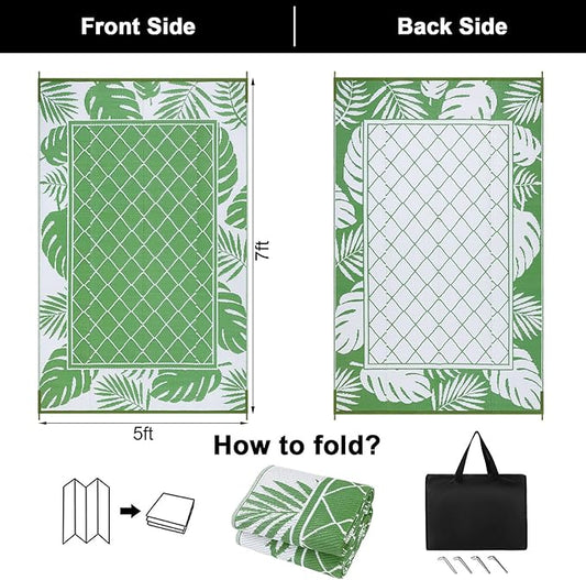 Ileading Outdoor Rug Carpet for Patio 5' x7' Waterproof Reversible Plastic Straw Rug Portable Outside Area Rug Camping Mat for Patio, Clearance, Balcony, Picnic, Pool, Beach, RV, Deck, Leaf Green