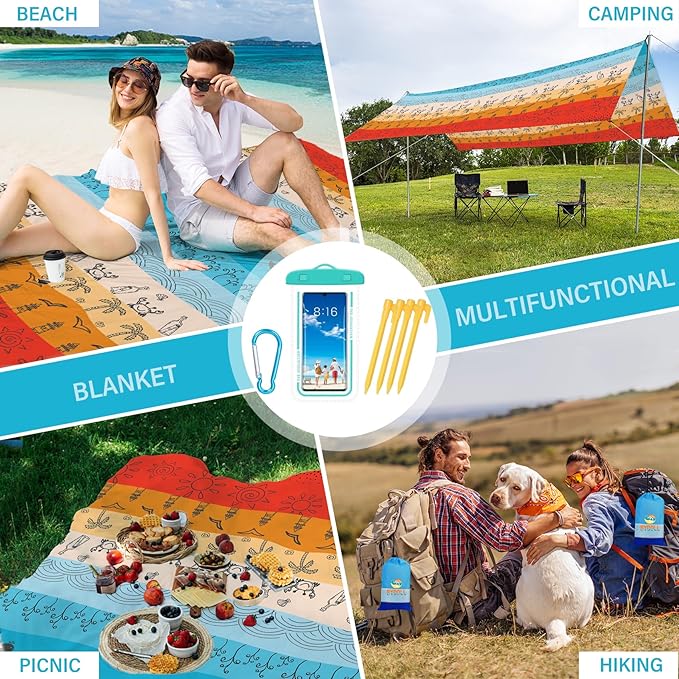 BYDOLL Beach Blanket Waterproof Sandproof 78''×81'' Suits1-4 Adults Compact Lightweight Oversized Sand-Free Blanket Large Picnic Mat for Beach Travel Camping Hiking