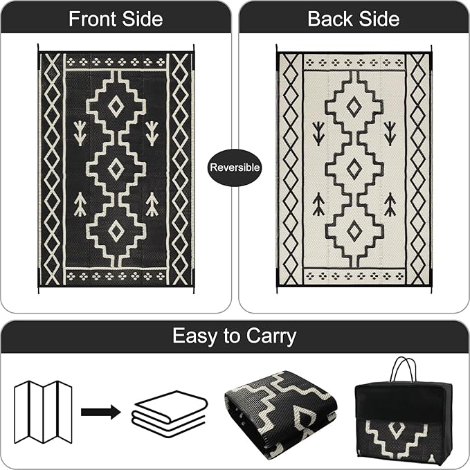 Uphome Outdoor Plastic Straw Rug 6x9 ft, Reversible Waterproof Outdoor Rug Carpet, Black Boho Patio Rug, RV Camping Rug for Outside, Indoor Outdoor Area Rug for Backyard Deck Balcony Picnic, 6'x9'