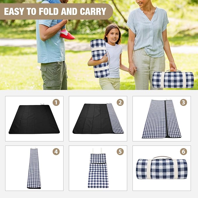 G GOOD GAIN Picnic Blankets Outdoor Extra Large - 80"x80" Portable Waterproof Picnic Blanket, Machine Washable 3-Layer Foldable Park Mat with Sandproof Backing for Grass, Hiking, Travel (Blue)