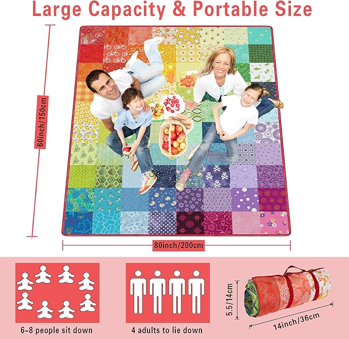 Extra Large Picnic Blankets Waterproof Foldable (60"x 80") Boho Beach Blanket Waterproof Sandproof,3-Layer Thicking Mat Outdoor Packable Camping Blanket