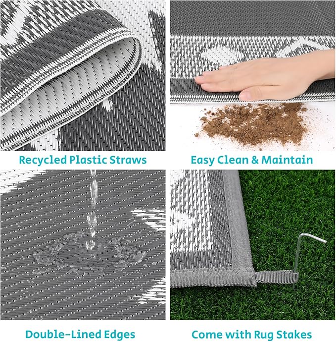 HEBE Outdoor Rug 8'x10' Waterproof for Patios Clearance, Reversible Plastic Straw Rug Camping Carpet, Indoor Outdoor Area Rugs Patio Mats for RV,Picnic,Backyard,Deck,Balcony,Porch