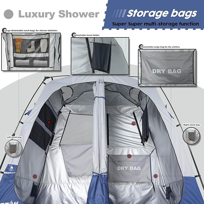 Camping Shower Tent Deluxe Changing Room Easy Set Up Privacy Shelter,Large Toilet Tent 2 Rooms with Floor Drain Design for Beach, Camping,Hiking with Stakes and Ropes for Stability