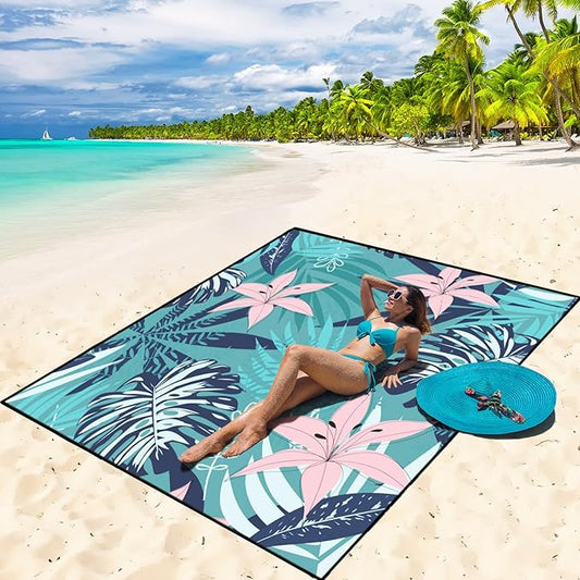 Beach Blanket Waterproof Sandproof Beach Mat 79" X 83" /10'x9'for 2-8 Adults Quick Drying Outdoor Picnic Mat Beach Accessories for Travel, Camping, Hiking