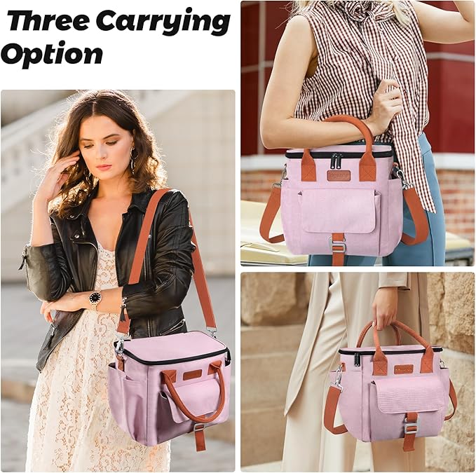 Joymee Insulated Lunch Bag for Women/Men, Waterproof Lunch Box for Office Work Picnic Beach, Reusable Large Leakproof Cooler Tote Bag with Adjustable Shoulder Strap & Side Pocket, Pink
