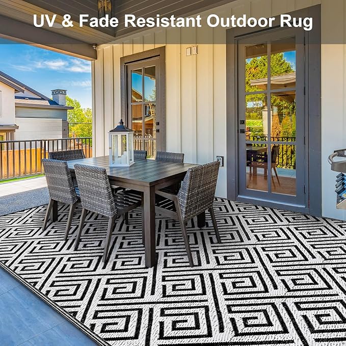 Outdoor Patio Plastic Straw Rug - 8'x10' Outdoor Camping Rug Waterproof Reversible, Area Carpet Patios Clearance RV, Outside Porch Balcony Deck for Camper, Stripe Black & White