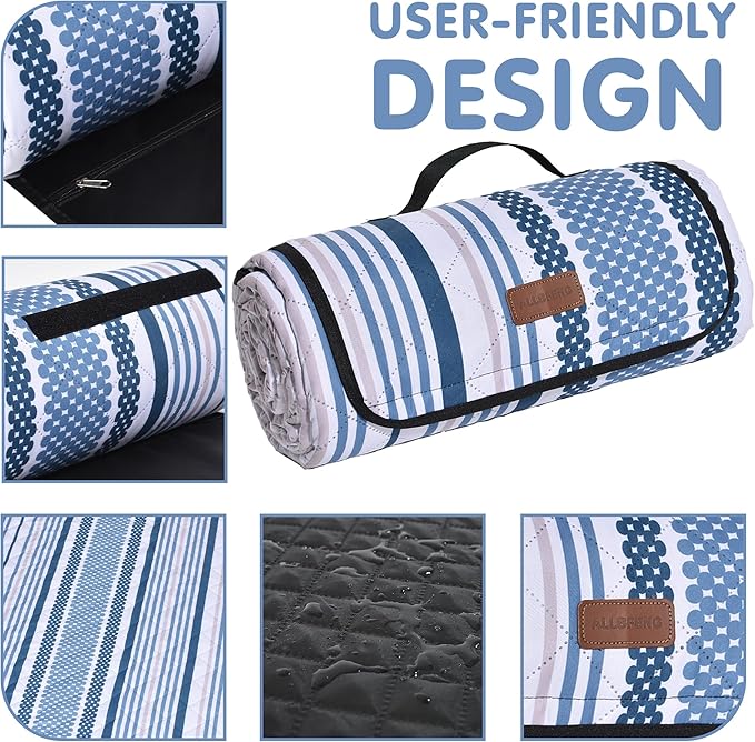 Oversized Waterproof Picnic Mat, Outdoor Beach Mat. Suitable for Camping, Outdoor, Beach, Party and Concert. (Dark Blue & Light Blue, 80" x 60")