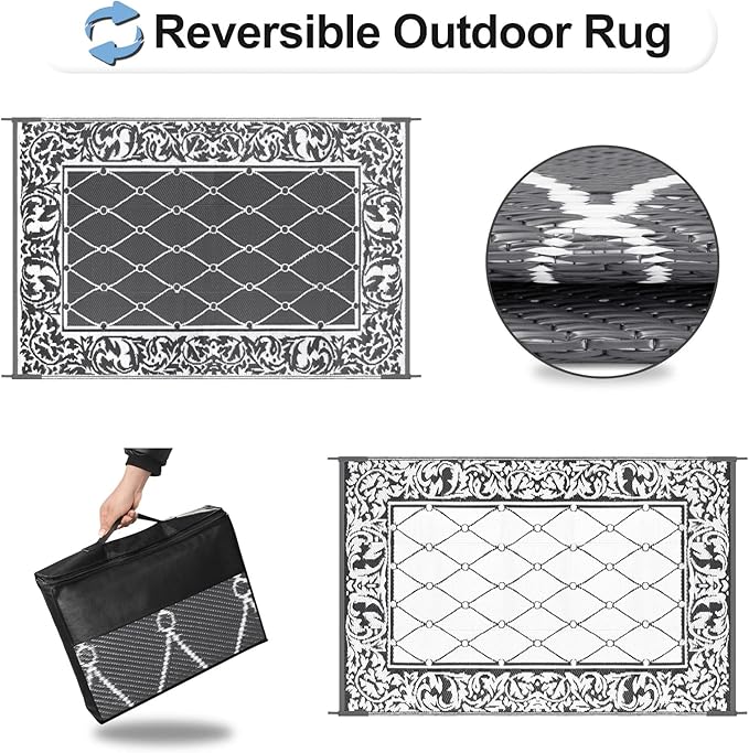 OutdoorLines Indoor Outdoor Rugs for Patio 9x12 ft - Reversible Outside Carpet, Stain & UV Resistant Portable RV Mats, Plastic Straw Rug for Camping, Pool Deck, Porch Rhombus Gray & White