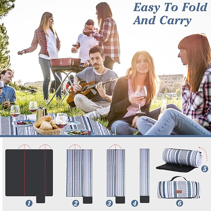 Oversized Waterproof Picnic Mat, Outdoor Beach Mat. Suitable for Camping, Outdoor, Beach, Party and Concert. (Dark Blue & Gray, 80" x 60")