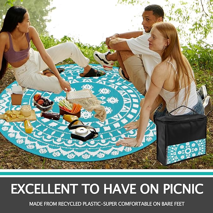 Capslpad 5Ft Round Outdoor Rug for Patio Reversible Mat Waterproof Plastic Straw Rug Boho Circle Indoor Outside Area Rug for RV Camping Picnic Pool Tent Balcony Beach Deck Doormats Decor, Teal