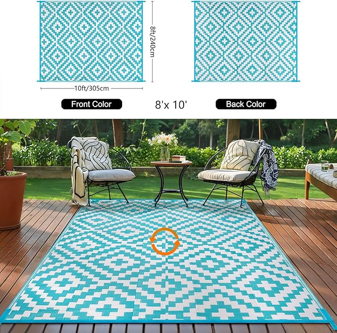 Outdoor Patio Plastic Straw Rug - 8'x10' Outdoor Camping Rug Waterproof Reversible, Area Carpet Patios Clearance RV, Outside Porch Balcony Deck for Camper, Blue & White