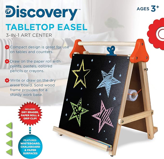 Discovery Kids 3-in-1 Tabletop Dry Erase Chalkboard Painting Art Easel, Includes Paper Roll and Oversized Clip, 17 x 15 Inch Wood Frame, Perfect for Children 3+ | Foldable/Portable for Countertop Play