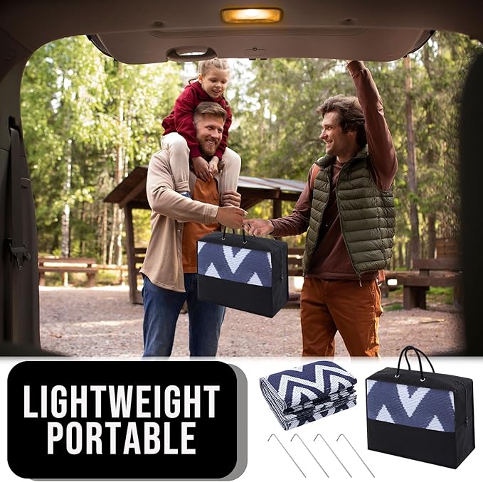 OLANLY Waterproof Outdoor Rug 9x12 ft Clearance, Reversible Outdoor Plastic Straw Rug, RV Mat, Indoor Outdoor Carpet for Patio, Camping, Balcony, Deck, Backyard, Navy & White