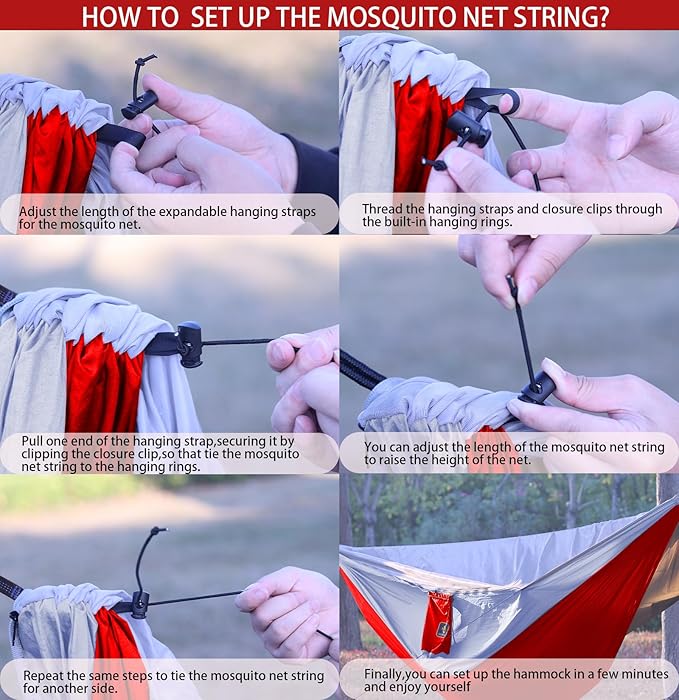 Camping Hammock, Portable Hammocks with Mosquito Net,Lightweight Nylon Parachute Hammock with 10ft Tree Straps,Camping Gear Must Haves for Travel Hiking Backpacking Beach Patio-Black&Red