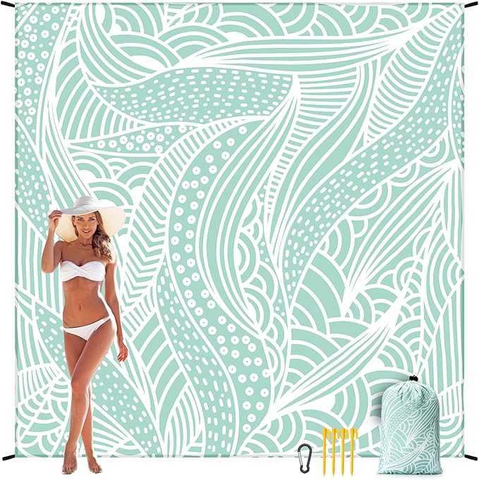Beach Blanket, Sandproof Beach Mat, Waterproof Quick Drying Lightweight Outdoor Aztec Picnic Mat 79" X 83" for 2-4 Adults with Pocket for Travel, Camping, Hiking