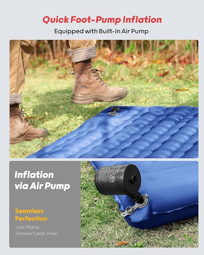 QPAU Sleeping Pad, 2 Person Camping Mattress, Enhanced Support for Healthy, with Built-in Foot Pump, 4.7 Inch Durable Sleeping Mat for Camping, Hiking, Backpacking and Home, (Blue)