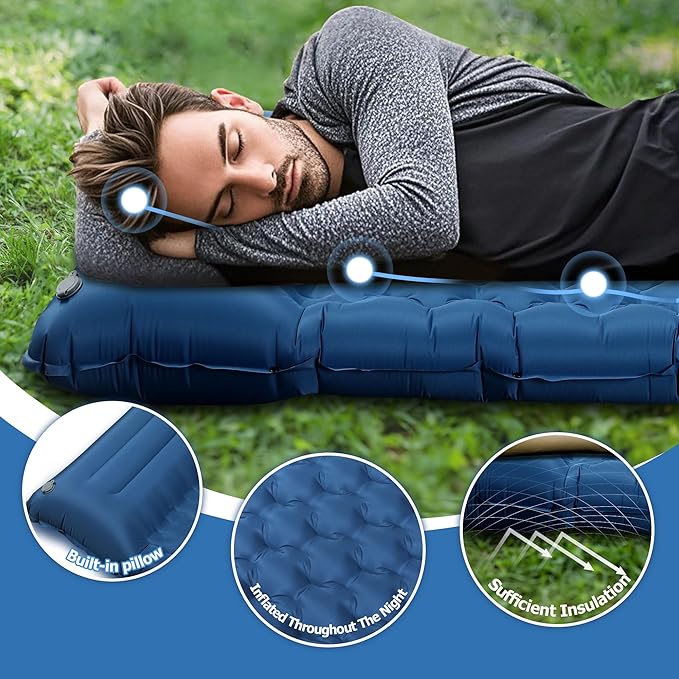 Sleeping Pad for Camping, Ultralight 4.7" Extra-Thick Inflatable Camping mat with Pillow Built-in Foot Pump, Compact Lightweight Air Mattress for Camping Backpacking Hiking Car Travel Tent, Navy Blue