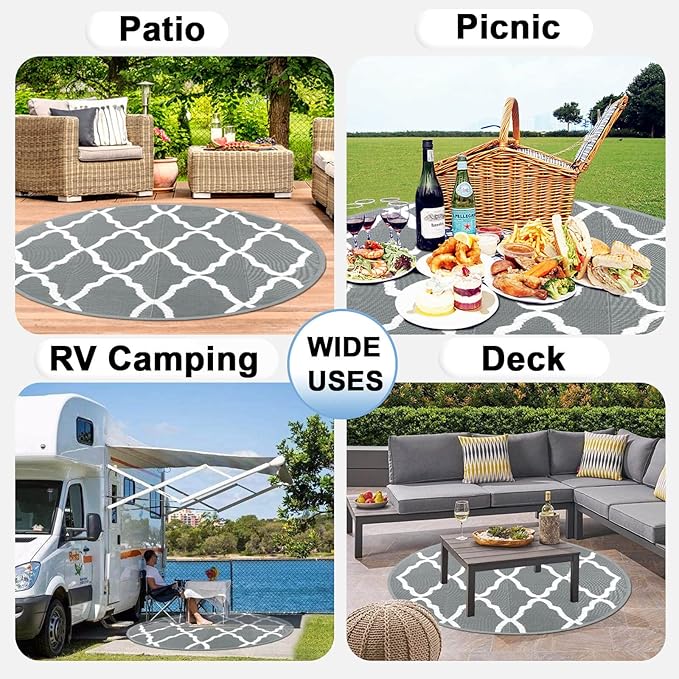 OutdoorLines Indoor Outdoor Rugs for Patio 5 Feet - Reversible Outside Carpet, Stain & UV Resistant Portable RV Mats, Plastic Straw Rug for Camping, Pool Deck, Porch Moroccan/Grey & White