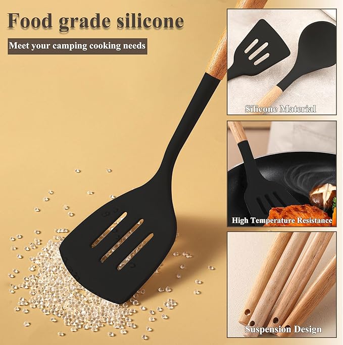 12PCS Camping Accessories Kitchen Cooking Utensils Set - Portable Outdoor Camp Cookware Set, Silicone Camper Essentials Gear Must Have Supplies for Travel RV BBQ Grill Picnic Hiking