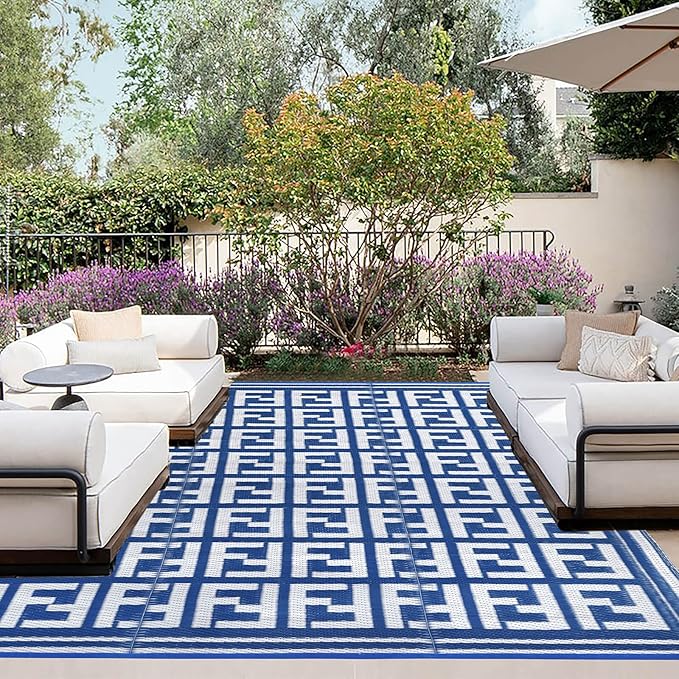 OutdoorLines Outdoor Plastic Area Rugs for Patio 5x8 ft - Reversible Outside Carpet, Stain & UV Resistant RV Mats, Straw Rug for Camping, Deck Garden, Porch and Balcony, Geometry Navy & Light Grey