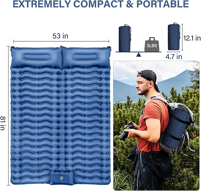Double Sleeping Pad for Camping- Self Inflating 4" Extra-Thick with Pillow Built-in Foot Pump Inflatable Sleeping Mat for Backpacking, Hiking, Traveling, Tent, Portable Camping Mat