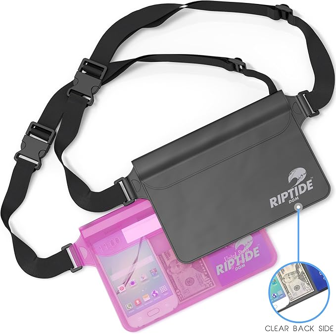 riptide Waterproof Fanny Pack Pouch (2 Pack) for Men & Women Dry Bag Water Resistant with Adjustable Waist Strap - Protects Valuables at Water Sports (Black/Transparrent & Sheer Pink)