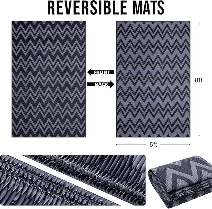 OLANLY Waterproof Outdoor Rug 5x8 ft Clearance, Reversible Outdoor Plastic Straw Rug, RV Mat, Indoor Outdoor Carpet for Patio, Camping, Balcony, Deck, Backyard, Black & Grey
