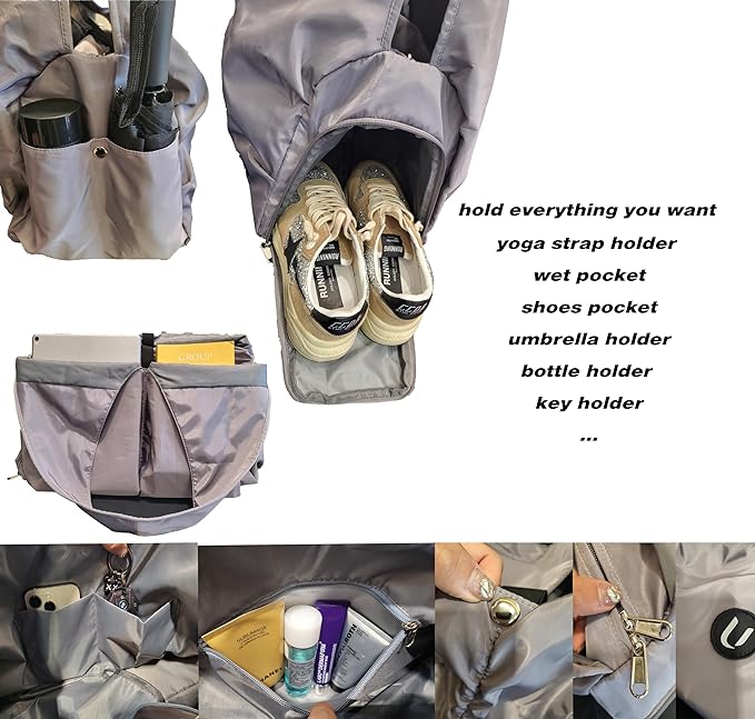 Gym Bag with Yoga Mat Holder - Women's Gym Bag with Shoes Compartment and Wet/Dry Storage Pockets, Adjustable Yoga Mat Holder (Light Gray)