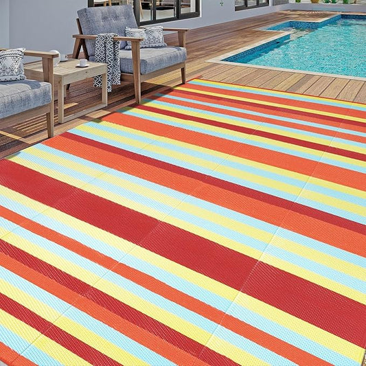 Outdoor Waterproof Rug 8'x10' Plastic Straw Rugs Washable Reversible Floor Mat Rainbow Stripe Carpet for Camping RV Deck Entryance Porch Picnic Balcony Beach Backyard
