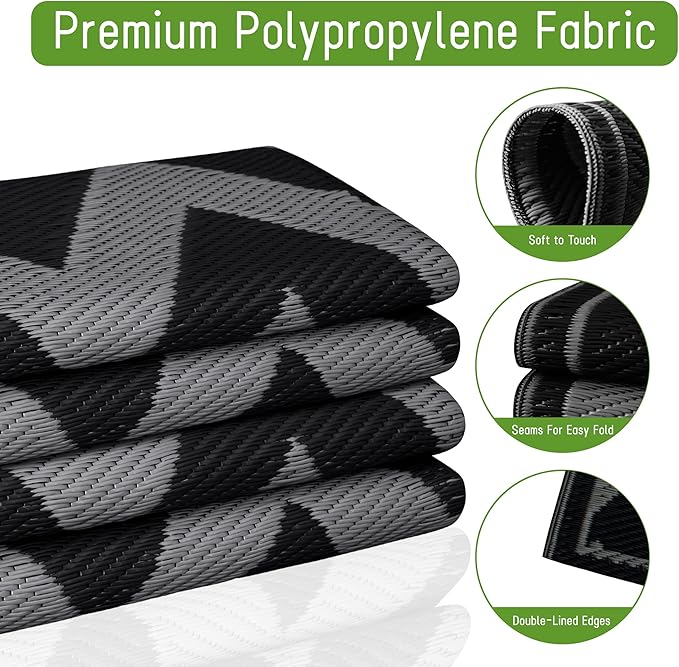 Easy-Going Reversible Outdoor Rugs 4x6ft Waterproof Plastic Straw Rug Stain & UV Resistant Floor Mat for Patio Porch RV Backyard Pool Deck Picnic Beach Trailer Camping (Waved Black & Grey)