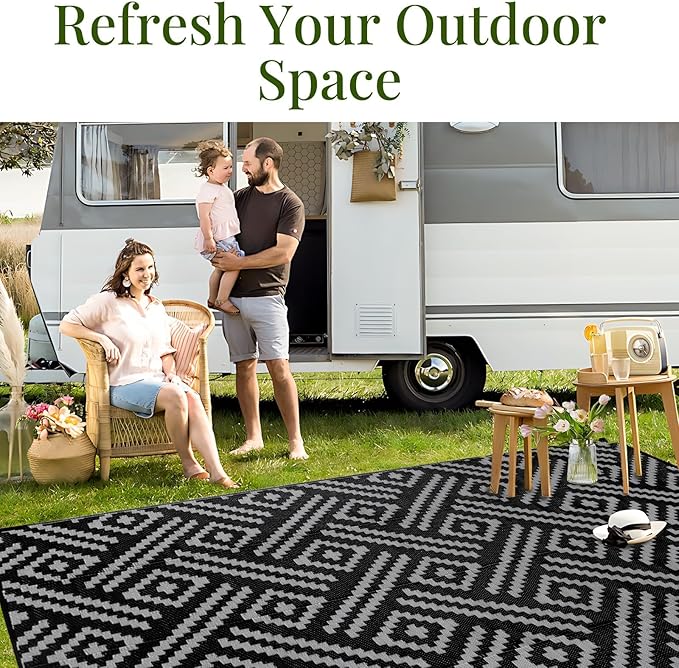 OPPODREAM Outdoor Rug 6x9 Ft, Waterproof Outdoor Plastic Straw Rug for Patio, Reversible Out Door Carpet for Camping, Deck, Rv, 6 x 9 Area Carpet for Balcony, Porch, Backyard, Black and Beige