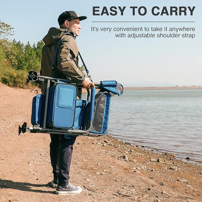 EVER ADVANCED Fishing Chair with Rod Holder and Cooler, All Terrain Ice Fishing Chair with Adjustable Feet, Mesh Back Folding Camping Chair with Shoulder Strap, Heavy Duty Supports 350LBS