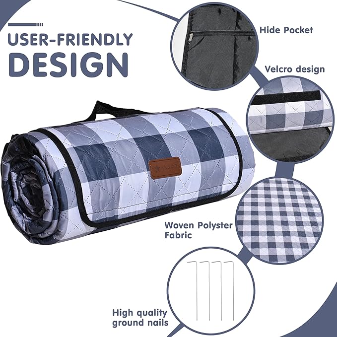 HX&OD Outdoor Picnic Blanket, Extra Large, 80''x80'' Waterproof Foldable Blankets Gingham Picnic Mat for Beach, Camping Grass Lawn Park Accessories Cute Couple Ideas Wedding (Gray, 80”x80”)