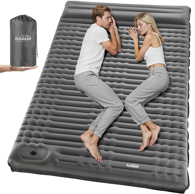 Elegear Double Sleeping Pad for Camping, 4" Ultra-Thick Self Inflating Camping Pad 2 Person with Pillow Built-in Foot Pump Camping Sleeping Mat for Backpacking, Hiking, Portable Camping Pad