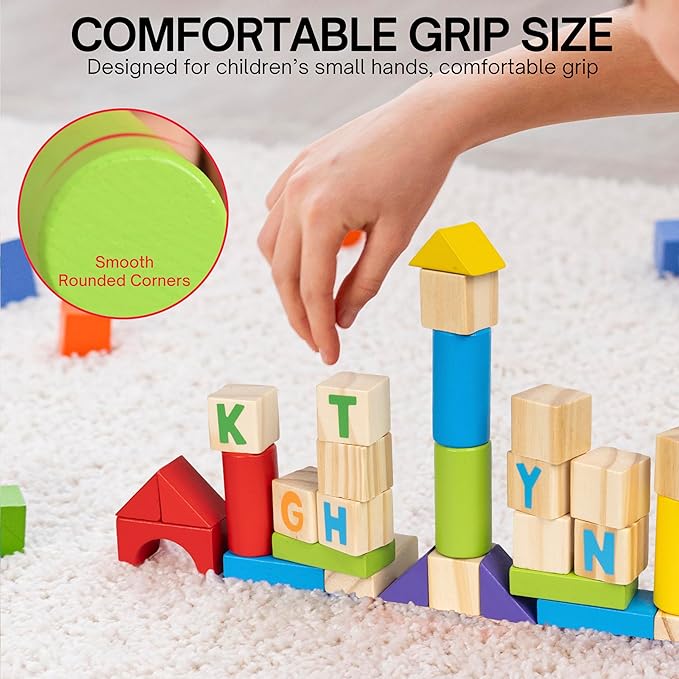 Alphabet Number Wooden Building Blocks Set -100 Blocks in 5 Water Paint Colors and 7 Shapes. Preschool Montessori Kids Baby Toys. Stacking Learning Toys for Toddlers. Age 18 Months +