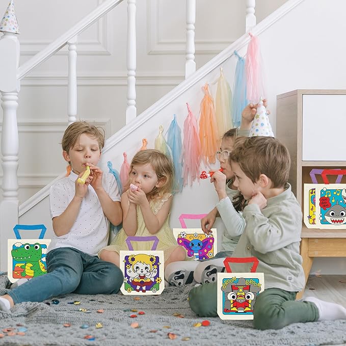 12 Pieces Kids Coloring Goodie Bags, Reusable Canvas Bag, Cute Art Party Favors, Color Your Own Bags for DIY Painting Birthday Carnival Celebration, Party Supplies Gift, Boys