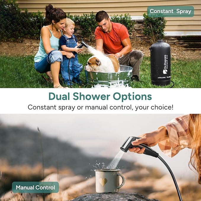 DR.PREPARE Camping Shower, 4 Gallons/15L Portable Shower with Foot Pump, Large Water Inlet, Outdoor Camp Shower Bag for Camping, Beach, Hiking, Climbing