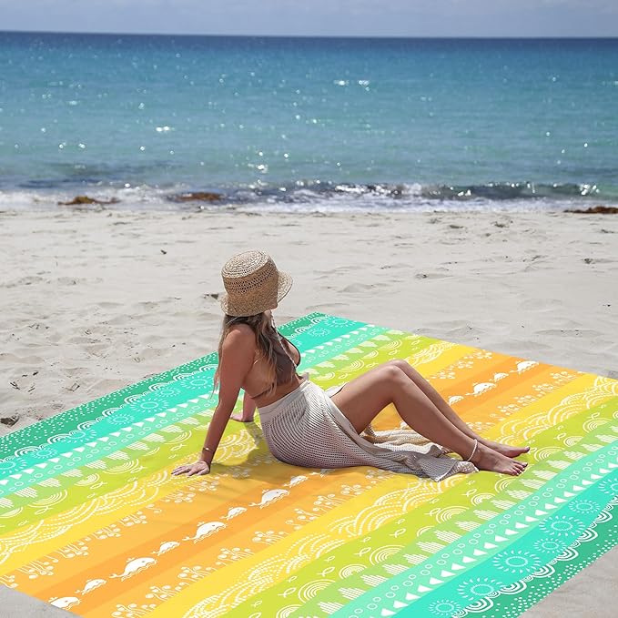 Beach Blanket Waterproof Sandproof, Large Lightweight Quick Dry Beach Mat with Storage Bag & Stakes, Portable Sand Free Picnic Blanket with Corner Pockets, Beach Vacation Essentials for Family, Friend