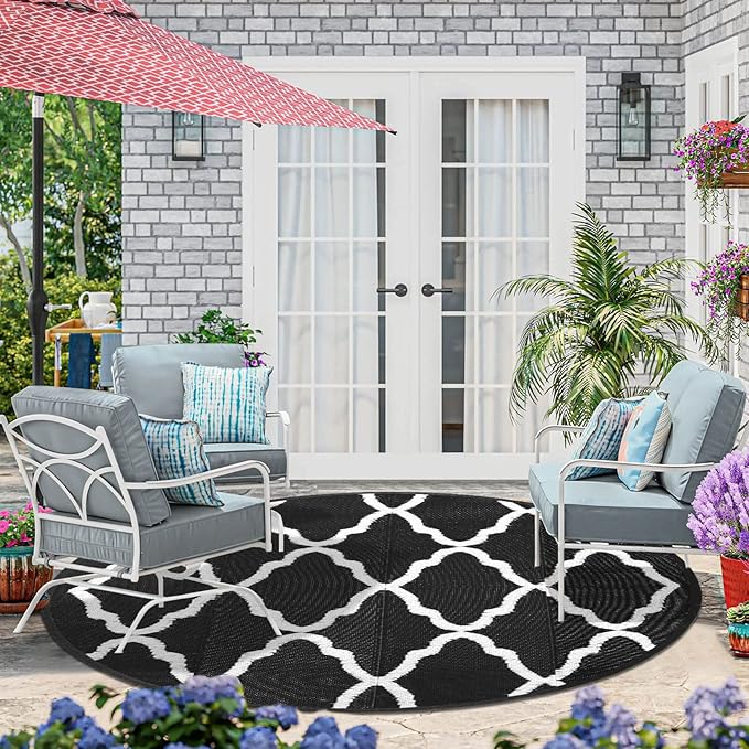 OutdoorLines Indoor Outdoor Rugs for Patio 8 Feet - Reversible Outside Carpet, Stain & UV Resistant Portable RV Mats, Plastic Straw Rug for Camping, Pool Deck, Porch Moroccan/Black & White