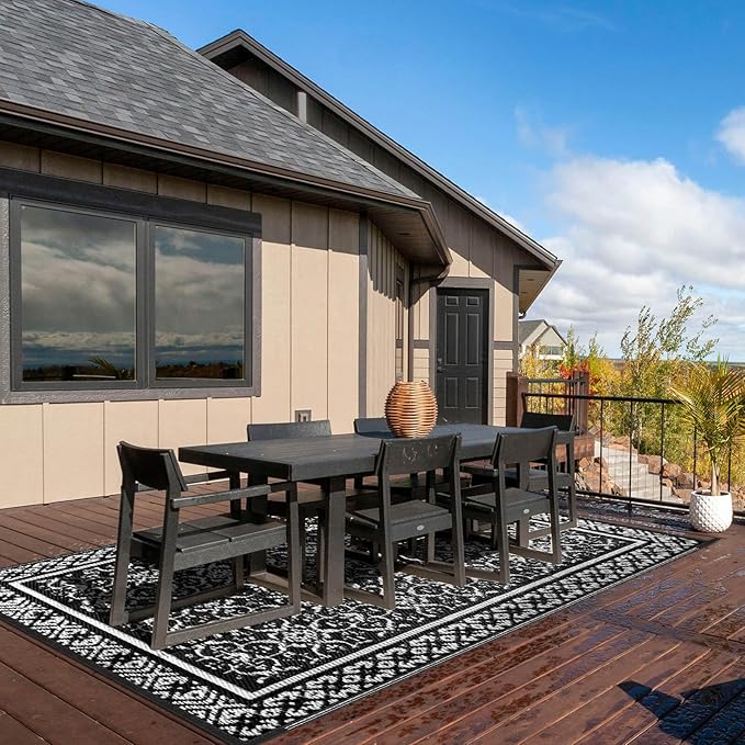 Outdoor Patio Plastic Straw Rug - 6'x9' Outdoor Camping Rug Waterproof Reversible, Area Carpet Patios Clearance RV, Outside Porch Balcony Deck for Camper, Classic Black & White