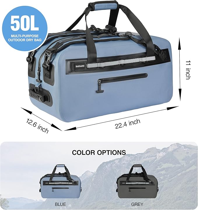 50L Waterproof Dry Duffle Bag Dry Backpack 840D TPU Heavy Duty Dry Bag,Rubber Airtight Zipper, for Kayaking,Boating,Motorcycling,Camping,Rafting,Surfing, Swimming,Fishing,Beach Vacation,Blue