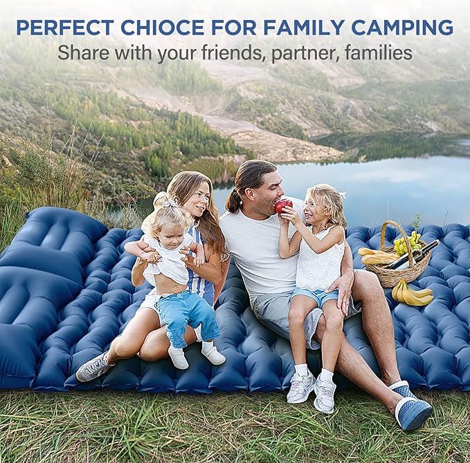 Double Sleeping Pad for Camping- Self Inflating 4" Extra-Thick with Pillow Built-in Foot Pump Inflatable Sleeping Mat for Backpacking, Hiking, Traveling, Tent, Portable Camping Mat