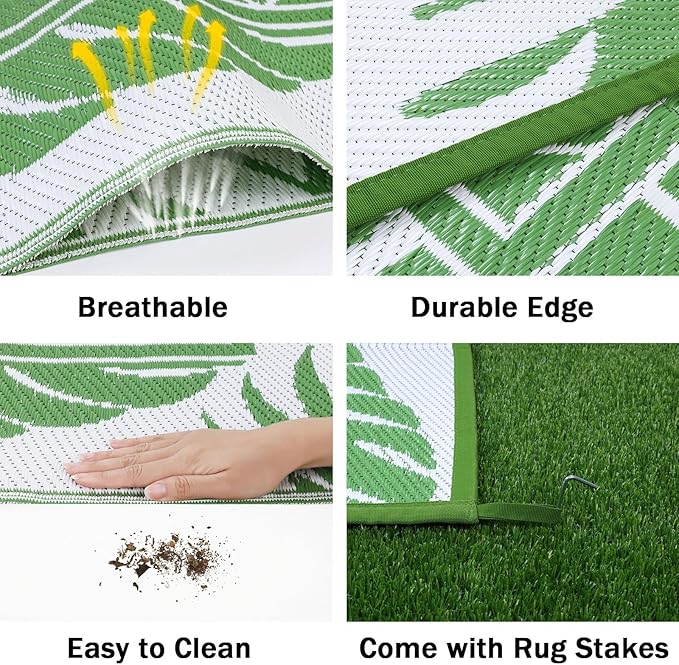 Ileading Outdoor Rug Carpet for Patio 5' x7' Waterproof Reversible Plastic Straw Rug Portable Outside Area Rug Camping Mat for Patio, Clearance, Balcony, Picnic, Pool, Beach, RV, Deck, Leaf Green