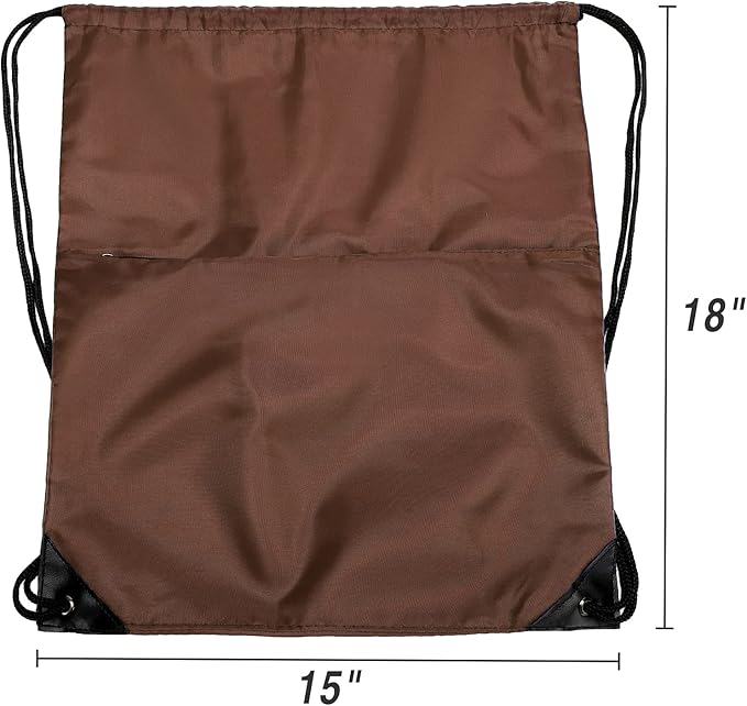 BuyAgain Drawstring Backpack Sports Water Resistant String Bag Sport Gym Sackpack for Women Men Students Large Size with Zipper, Brown