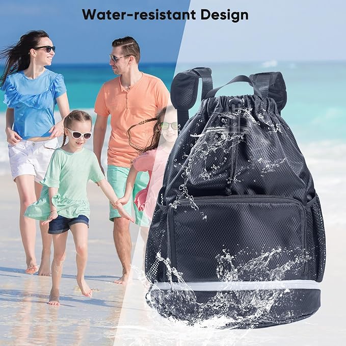 Swim Beach Gym Backpack - Drawstring with Shoes Compartment and Waterproof Pocket for Gym Accessories, Swim Essentials - Kids Mens Beach Workout Bag