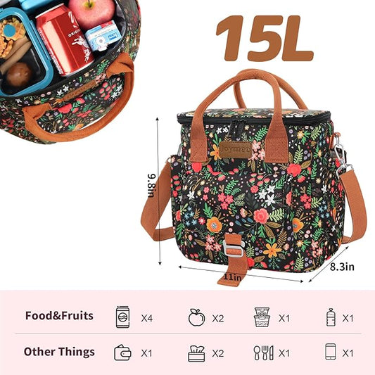 Joymee Large Insulated Lunch Bag for Women Adults, Reusable Waterproof Lunch Box for Work Picnic Camping, Small Lunch Cooler Leakproof Tote with Side Pocket Adjustable Shoulder Strap - Multi-Floral